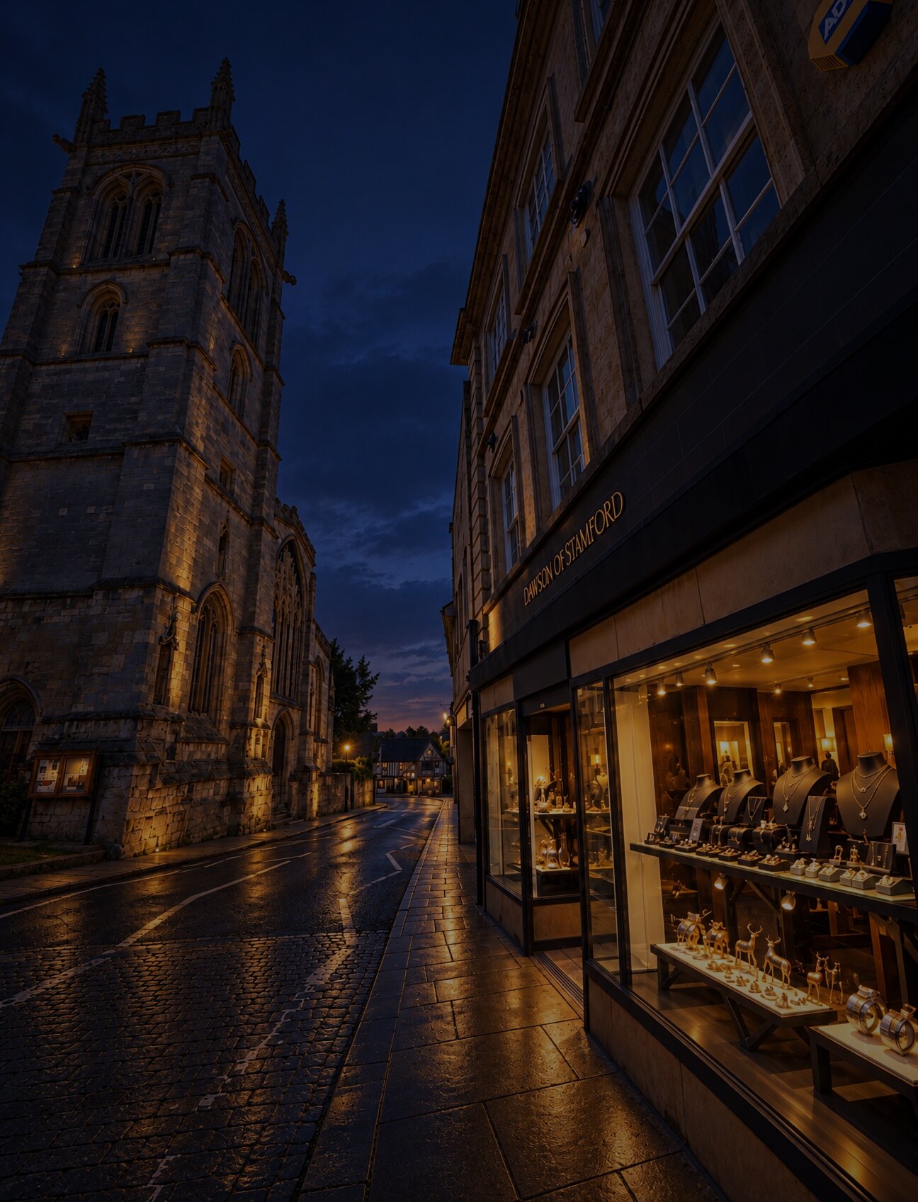 Dawson's shopfront on a Stamford square at dusk, beside the church tower
