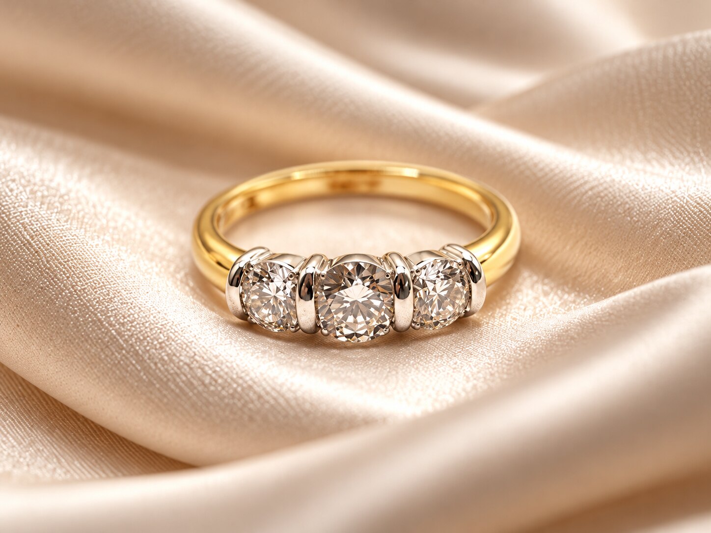 18ct Yellow and White Gold Bar Set Three Stone Diamond Ring