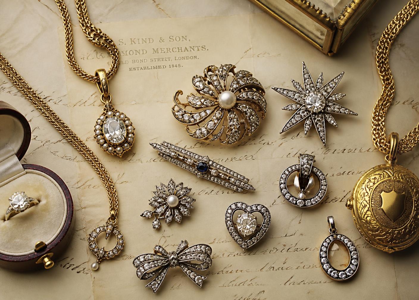 Antique brooches, chains and rings arranged on aged paper