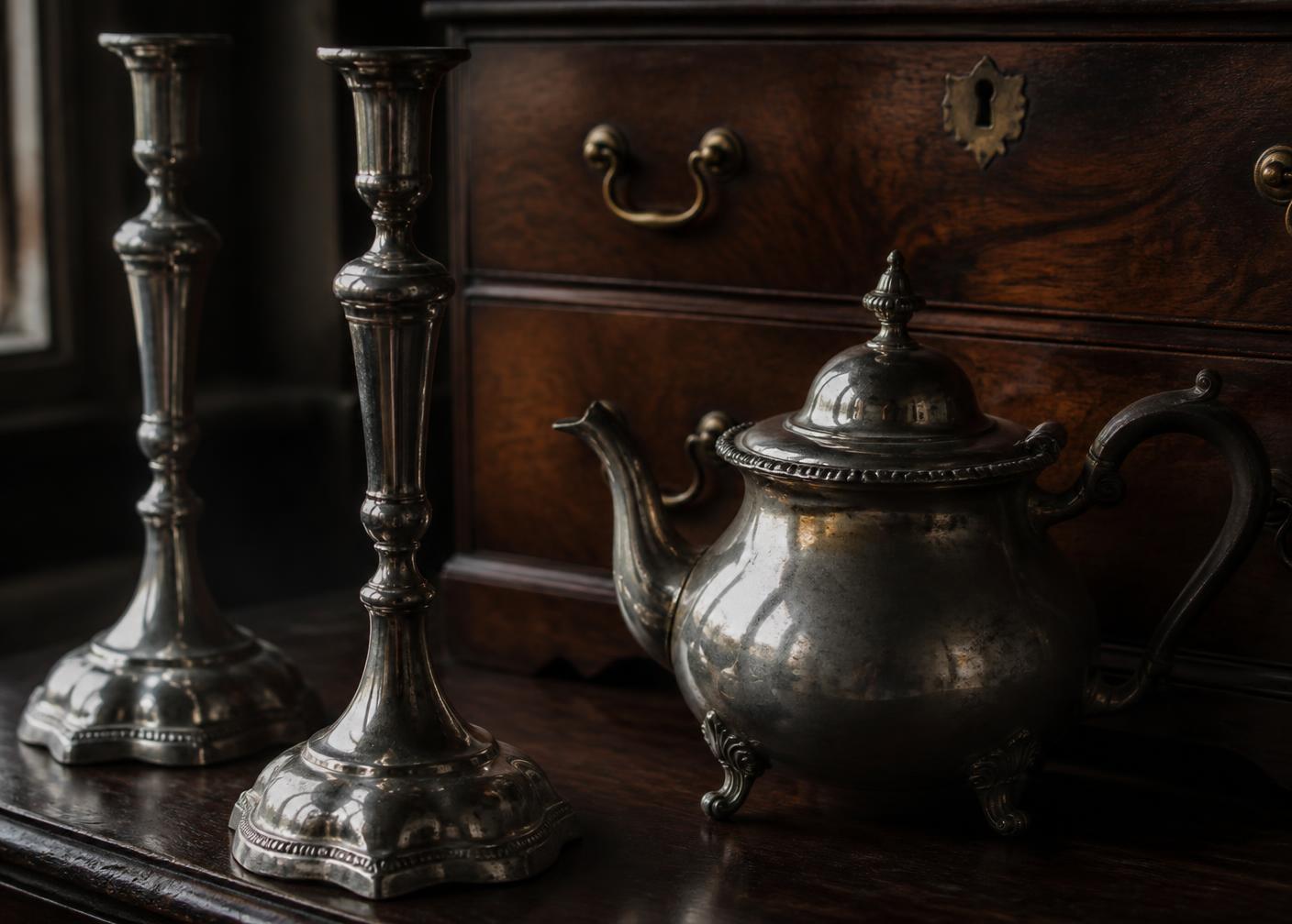 Georgian silver candlesticks beside a walnut chest