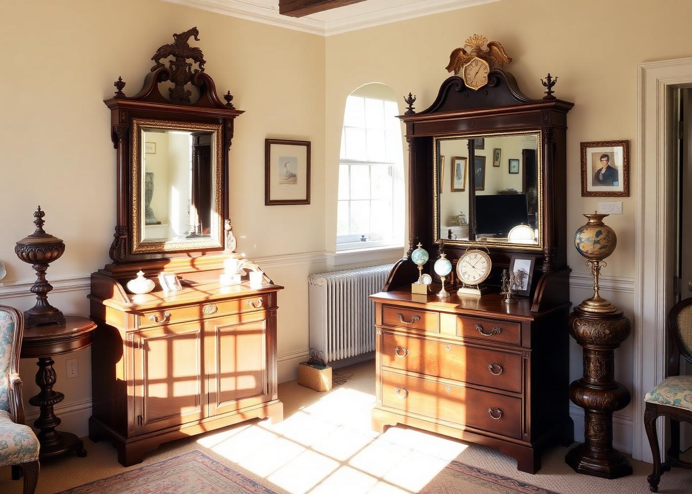 Antique walnut bureau and gilt mirror