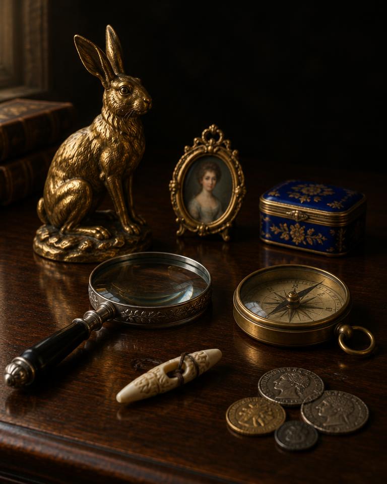Gilt-bronze hare, enamel box, compass and other small antiquities on a walnut surface