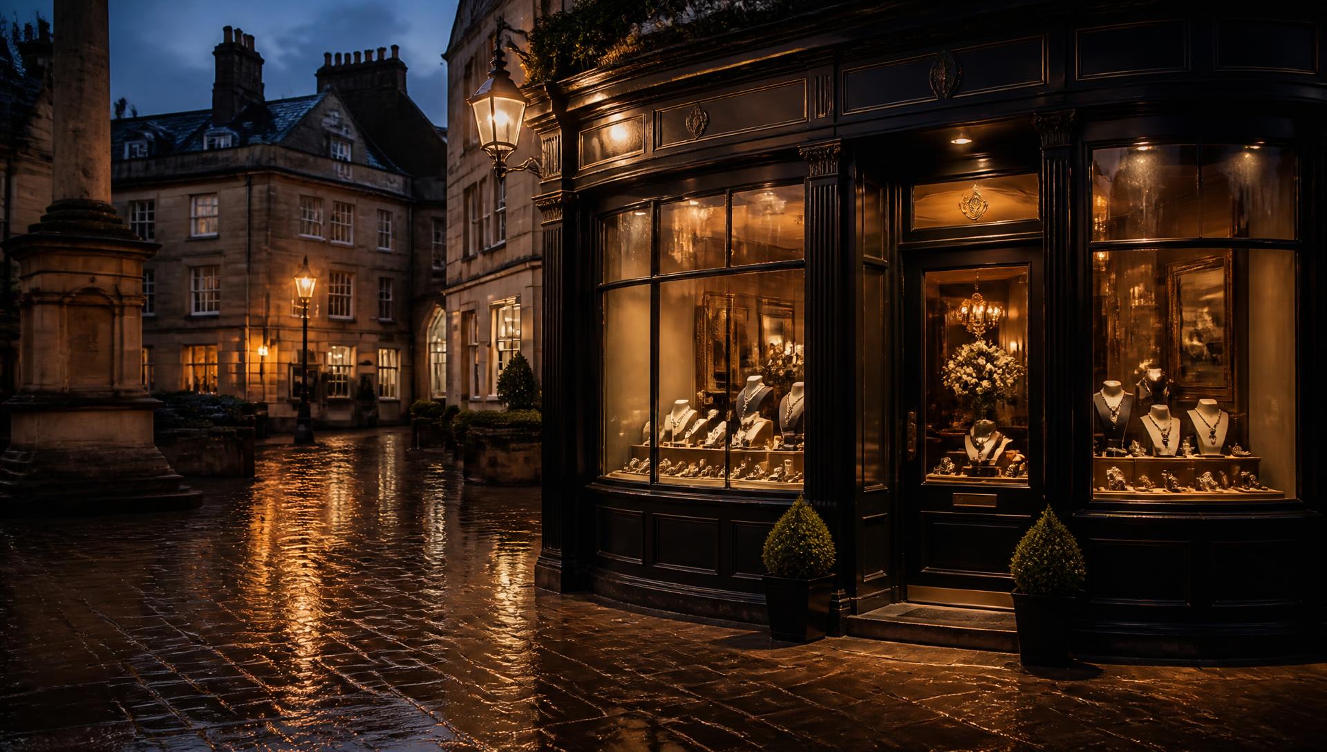A jeweller's shopfront lit at dusk on a historic square
