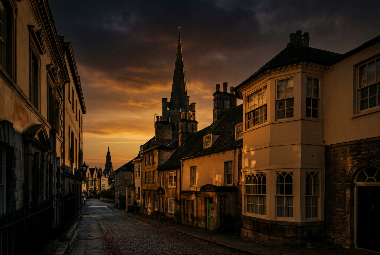 Historic stone buildings on a Stamford street at golden hour