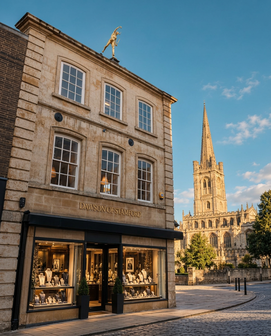 Dawson of Stamford shopfront with the church spire beyond