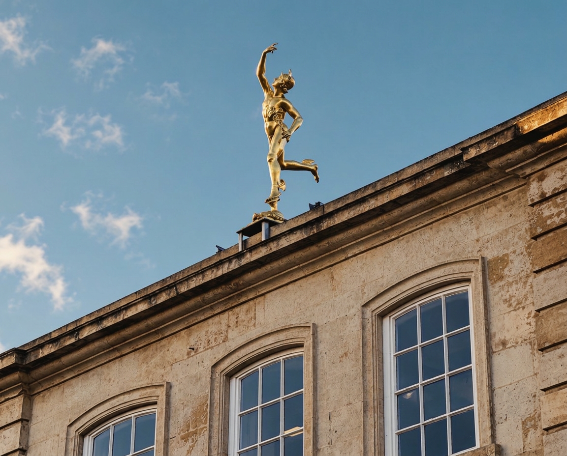 The golden rooftop statue above Dawson's limestone façade